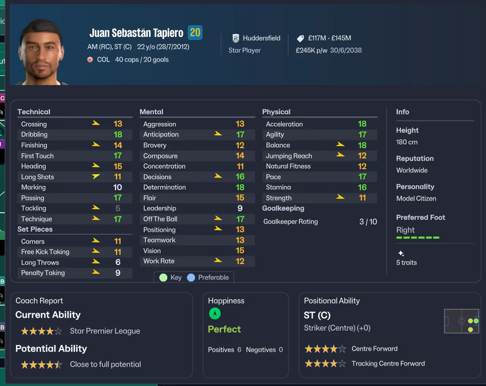 Juan Sebastián Tapiero FM26 regen profile screenshot: 22, Huddersfield