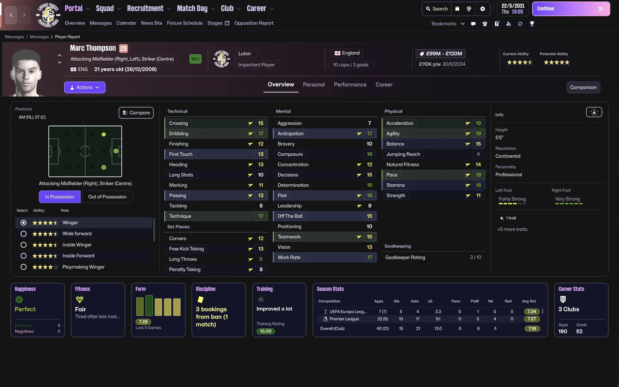 Marc Thompson FM26 regen profile screenshot: 21, Luton